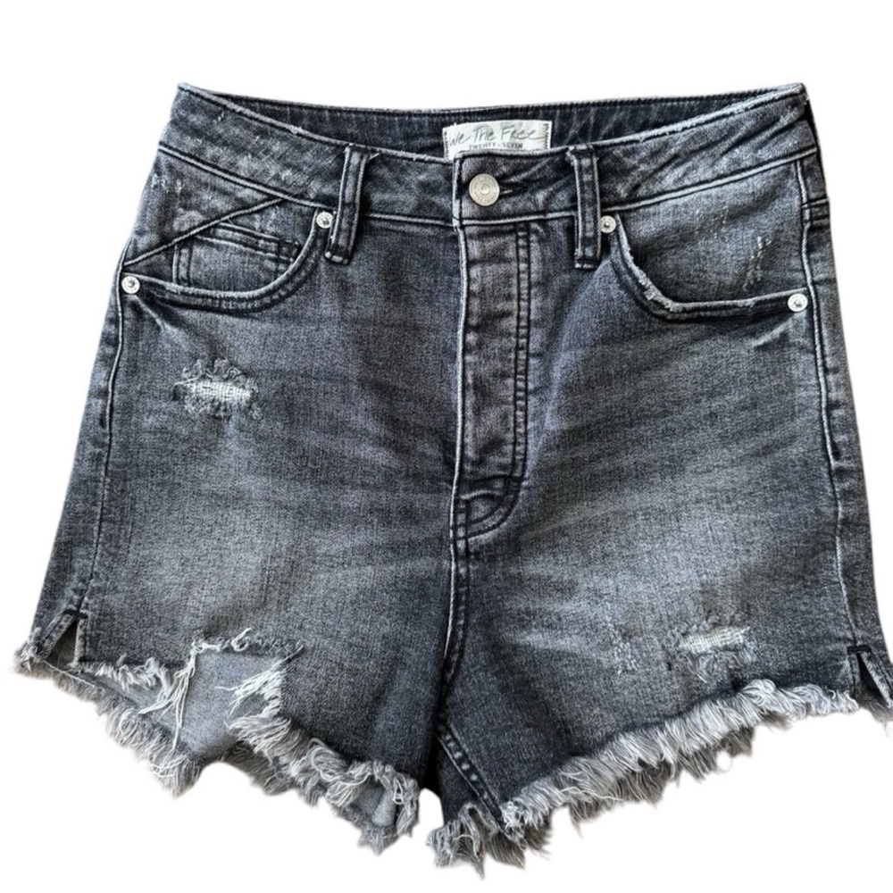 We The Free Free People Washed Black High Rise CRVY Distressed  Denim Shorts 27